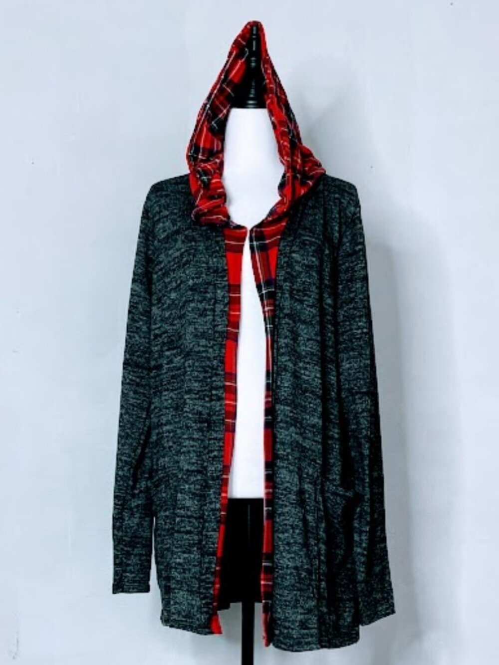 éloges' Charcoal & Red Plaid Hooded Cardigan